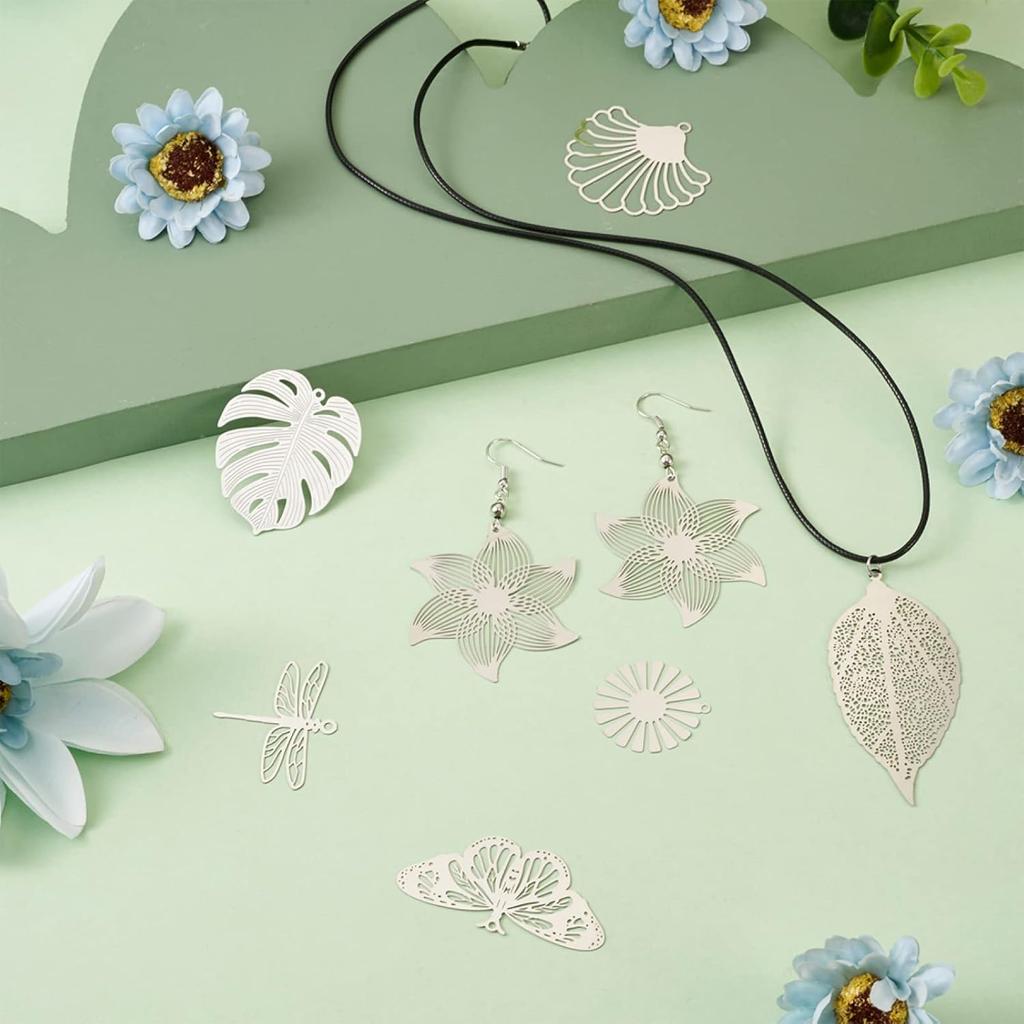 Rainbow Thin Filigree Charms Stainless Steel Teardrop Heart Pendants Metal Flower Leaf Butterfly Charms Etched Metal Embellishments for Earrings