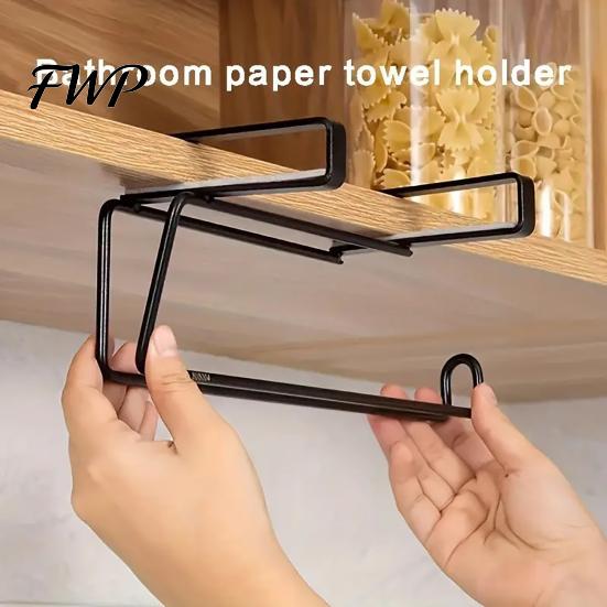 Wall Mounted Kitchen Towel Rack Hanging Paper Rack, Drill-Free Metal Organizer, Space Saving Roll Dispenser Storage for Under Cabinet No Drill