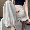 Women Pants Wide Elastic Waistband Anti-Wrinkle Fabric Loose Fit Harem Trousers with Pockets Pure Color Travel Work Pants