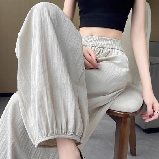 Women Pants Wide Elastic Waistband Anti-Wrinkle Fabric Loose Fit Harem Trousers with Pockets Pure Color Travel Work Pants