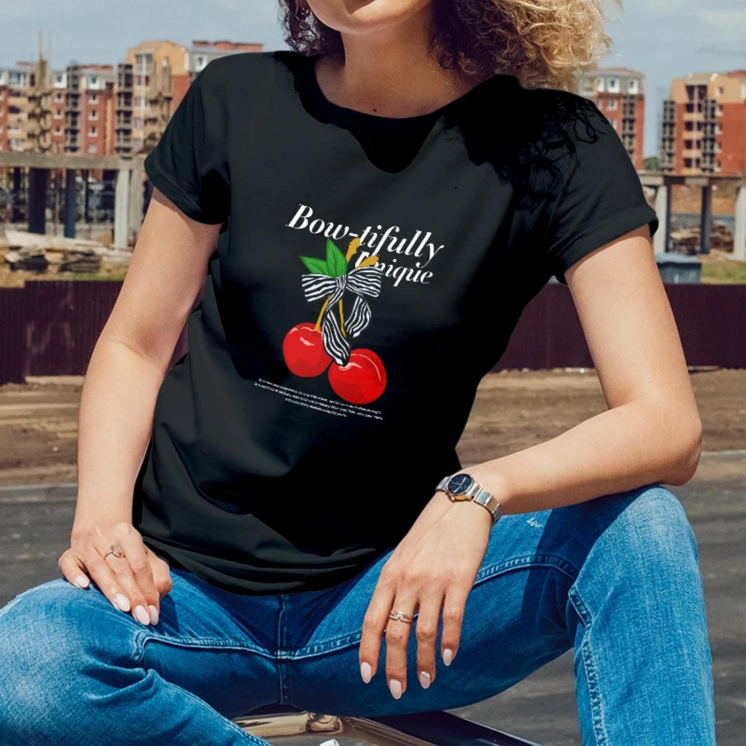 

Women s Short Sleeve T-Shirt Bow tifully Unique Cherry Print for Outdoor Parties Young Women with a Sweet Stylish Style S чёрный