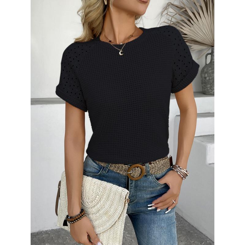 Summer Short Sleeve Thin Hollow Out Women Blouse O Neck Casual Simple Slim Fit Office T Shirt Ladies Fashion Elegant Solid Color Basic Tops Clothes