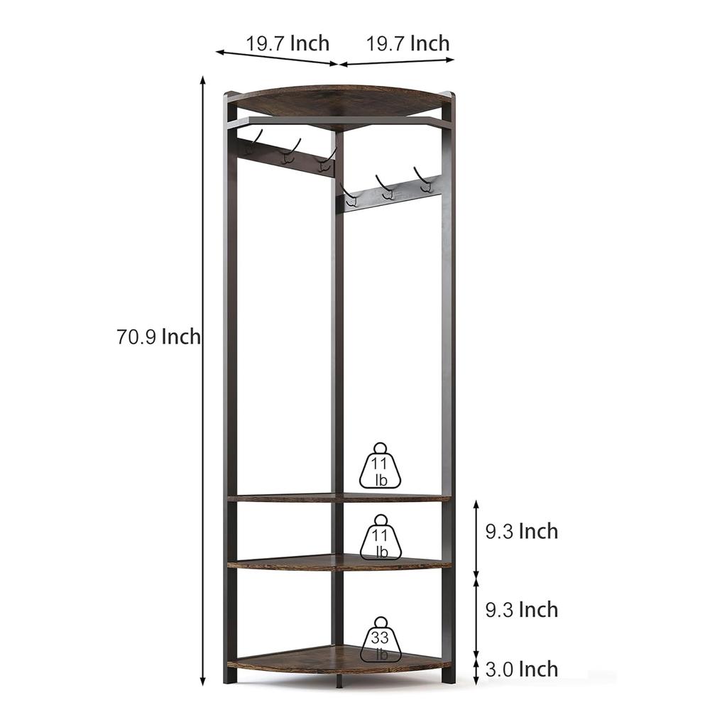 Corner Coat Rack Stand Freestanding Hall Tree with 6 Hooks & 3 Shelves,Entryway Storage for Living Room Entryway