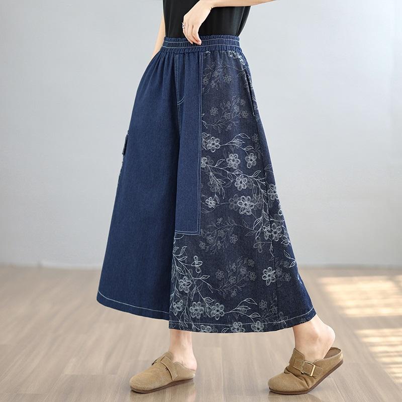 patchwork plus size Vintage floral high waist casual loose Women spring summer jeans denim wide leg Pants