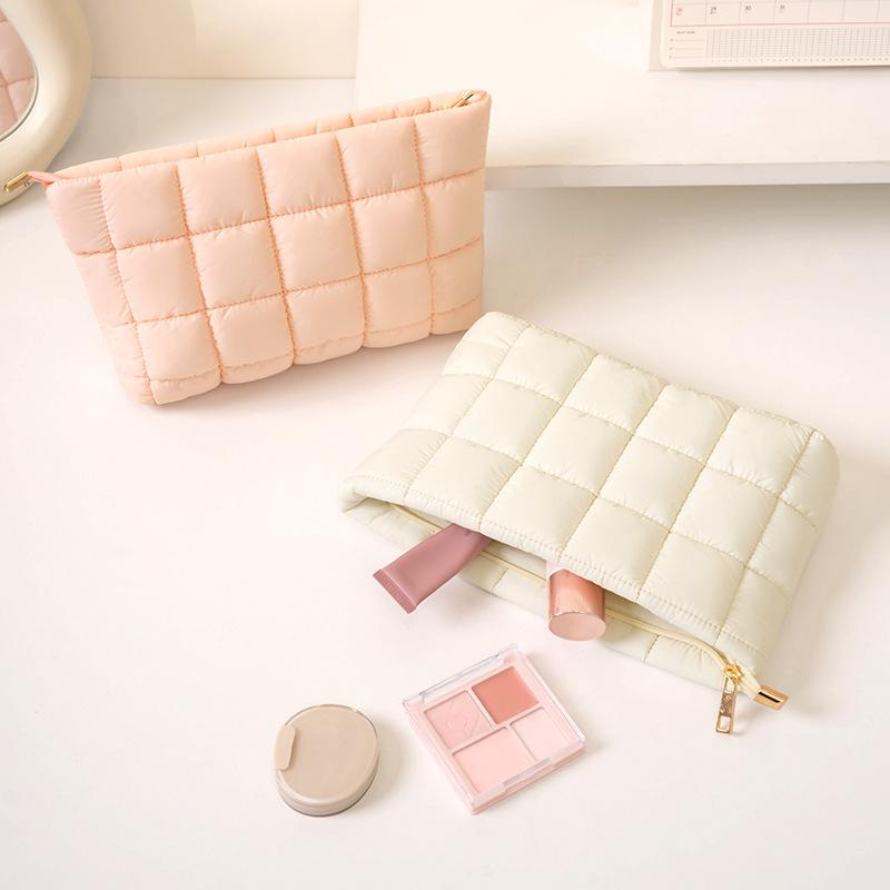 Stylish Square Quilted Makeup Bag for Women Lightweight Cosmetic Storage Clutch Portable Pouch for Girls Travel Bathroom Use