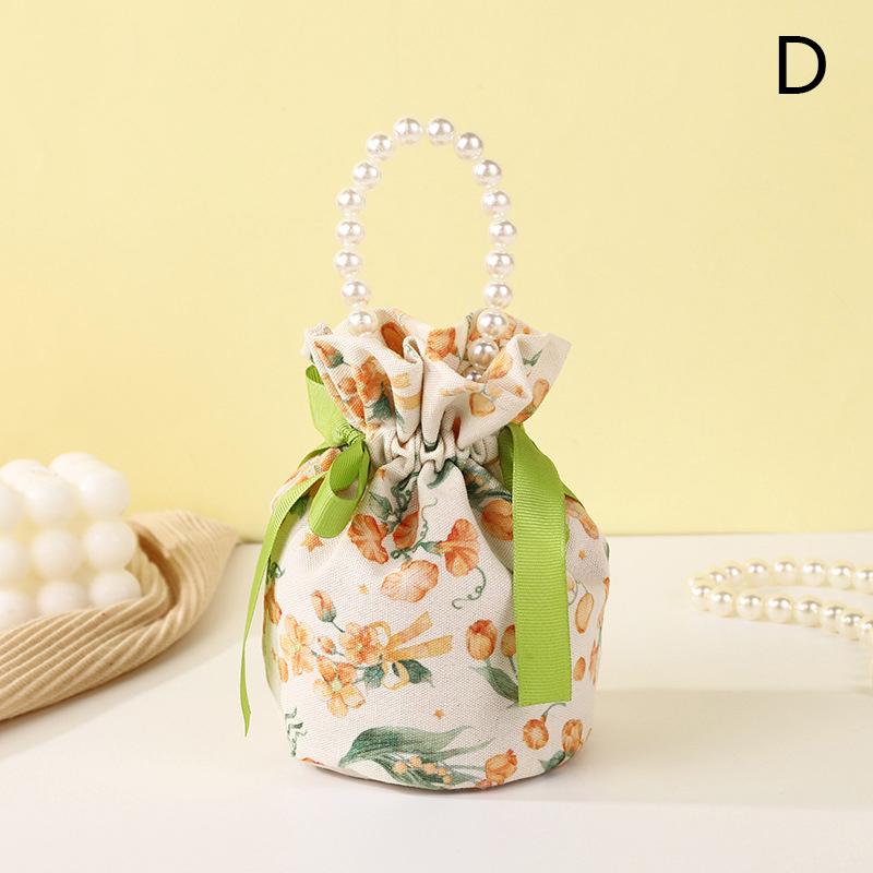 Płócienna torba ze sznurkiem w kwiaty Mały kwiat Perłowy łańcuszek Uchwyt Saszetka na biżuterię Torba do pakowania Ślubna torebka na słodycze Torba z kokardką