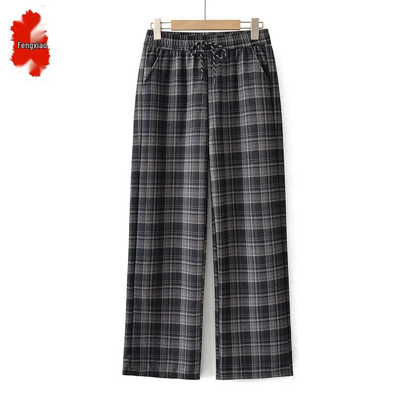 Fengxiao Women s Loose Plaid Straight-leg Casual Pants with Elastic Drawstring Waist 3XL