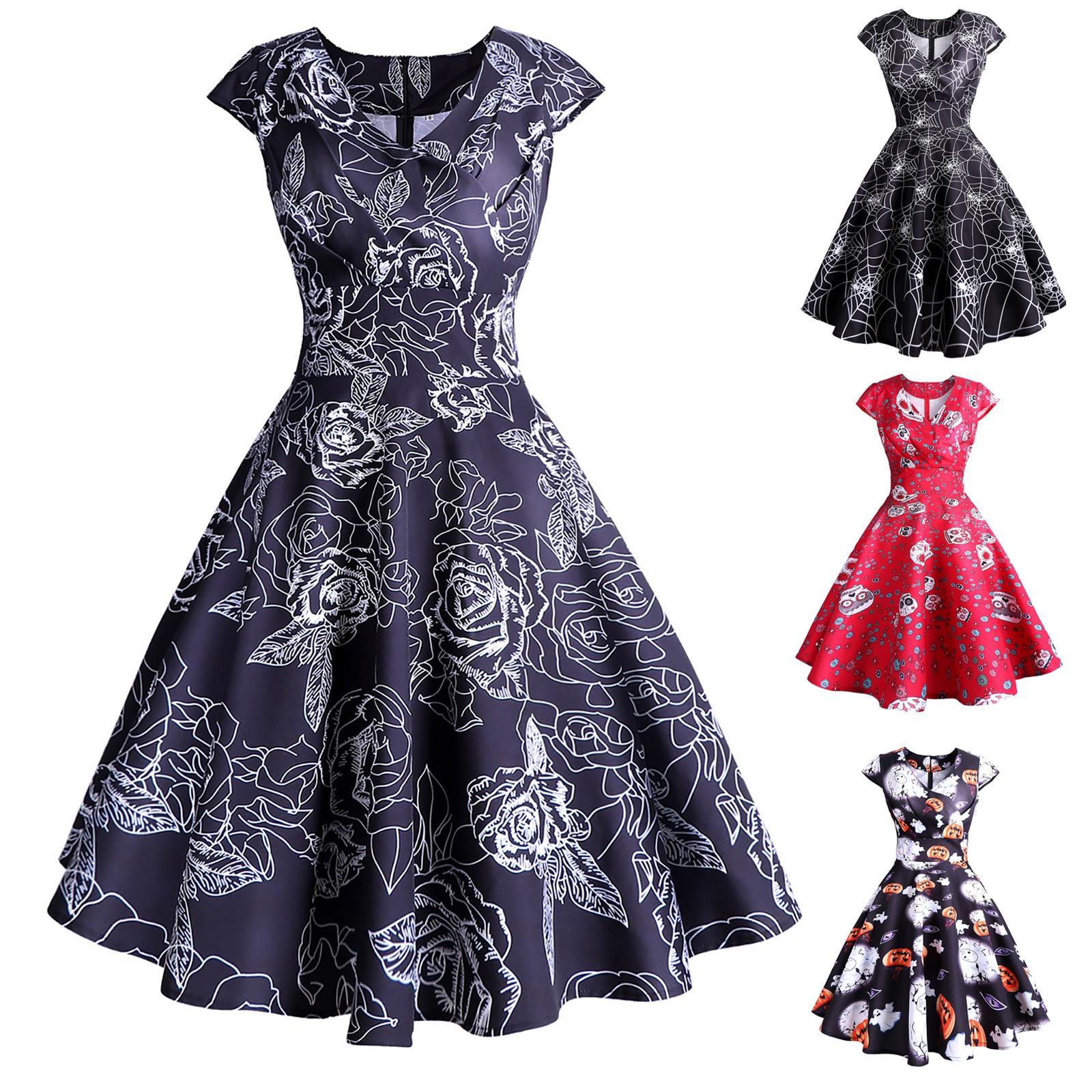 

Женское платье на Хэллоуин Винтажные платья с v-образным вырезом и принтом Маленькие платья