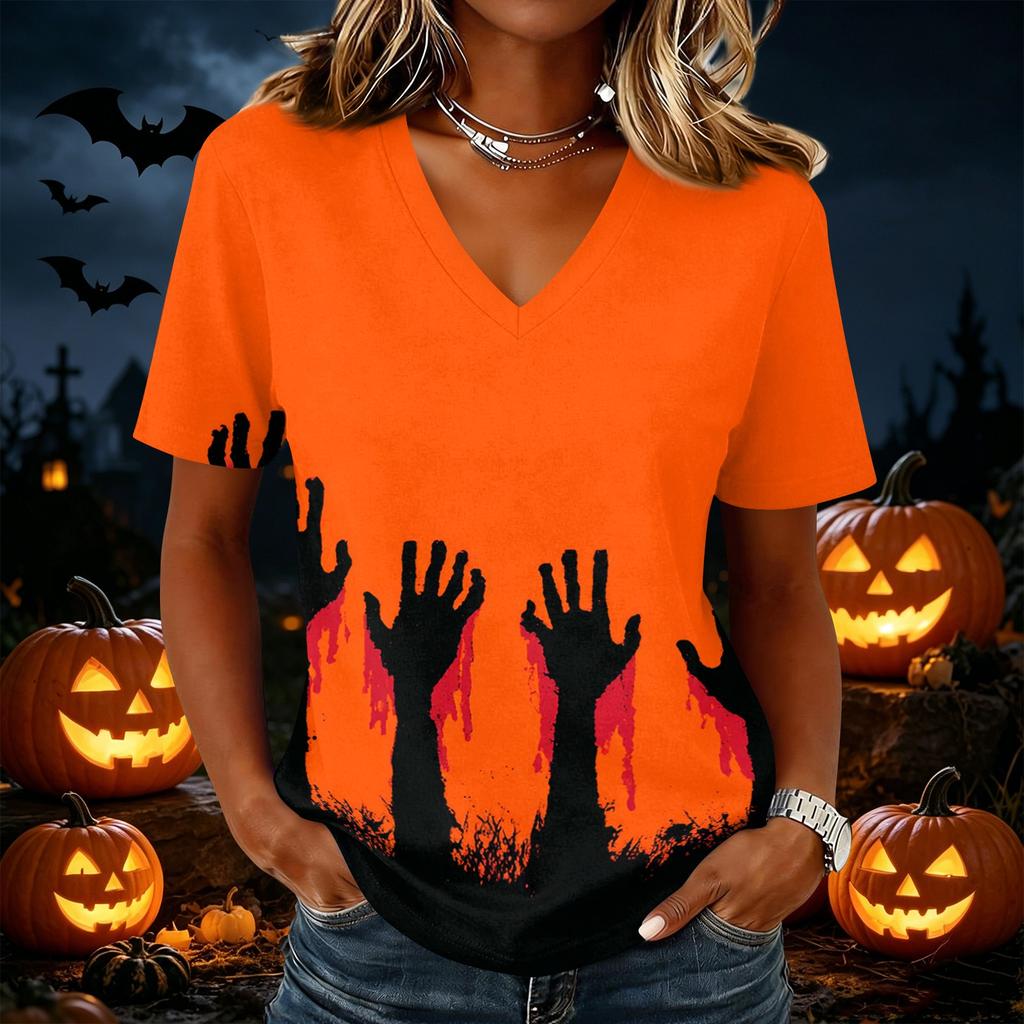 Women's Casual V Neck Pullover Top Halloween Themed Graphic Print Short Sleeve T Shirt Lightweight Comfortable Fit