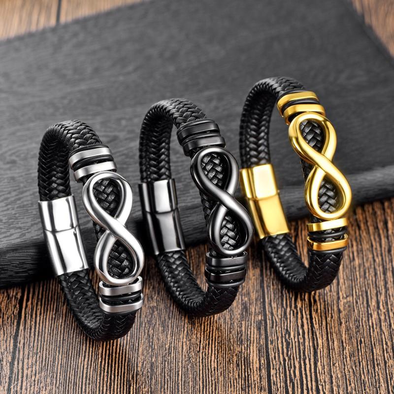 Mens Stainless Steel Infinity Symbol Braided Leather Bracelet Fashion Casual Wristband