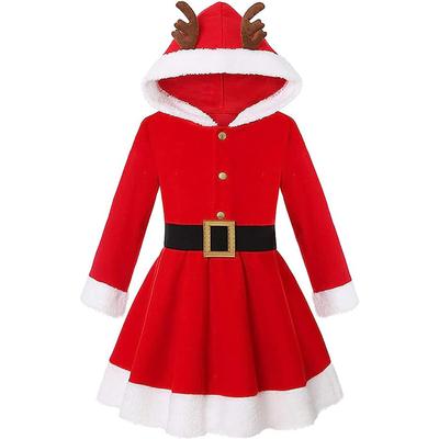 Kids Girls Christmas Dress Santa Claus Dress Hooded Deer Ears Long Sleeve Fleece Dress A-line Christmas Dress with Waistband