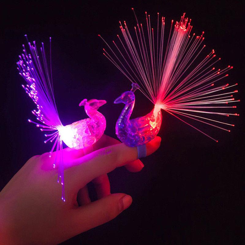 LED Peacock Finger Ring Lights Fiber Optic Lamp Change Color Intelligence Toys for Children Gift