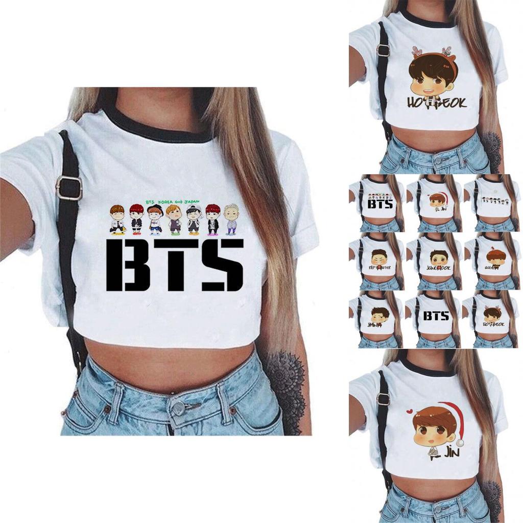 Kpop Bts Bangtan Boys Kortärmad Damtopp Med Söt Figurdesign Perfekt För Sommaren