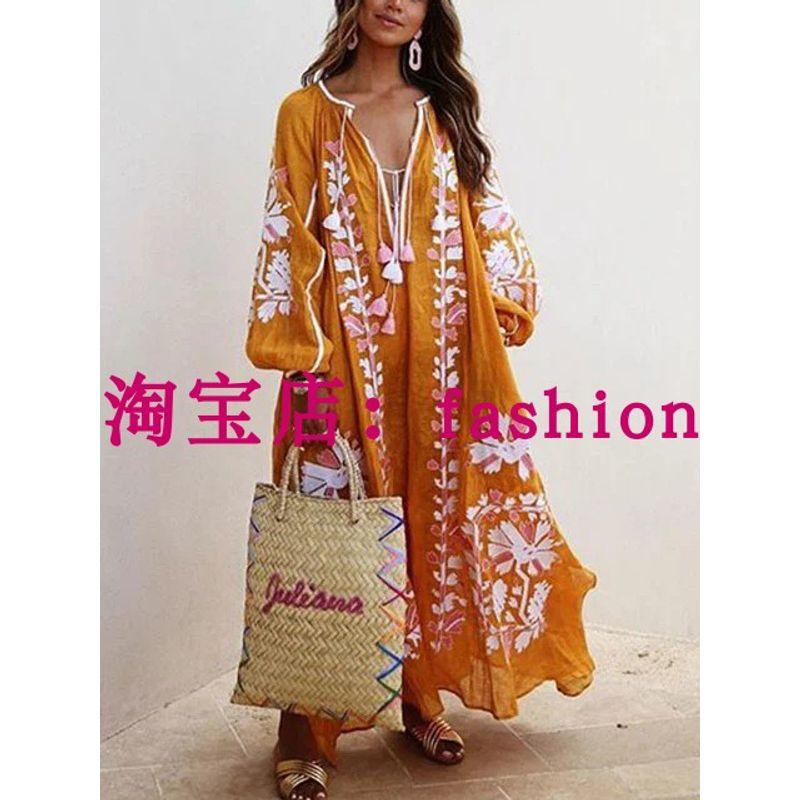 2024 European and American New Women's Clothes Ethnic Embroidery Flower Loose Oversized Long Sleeves Dress Women's Robe