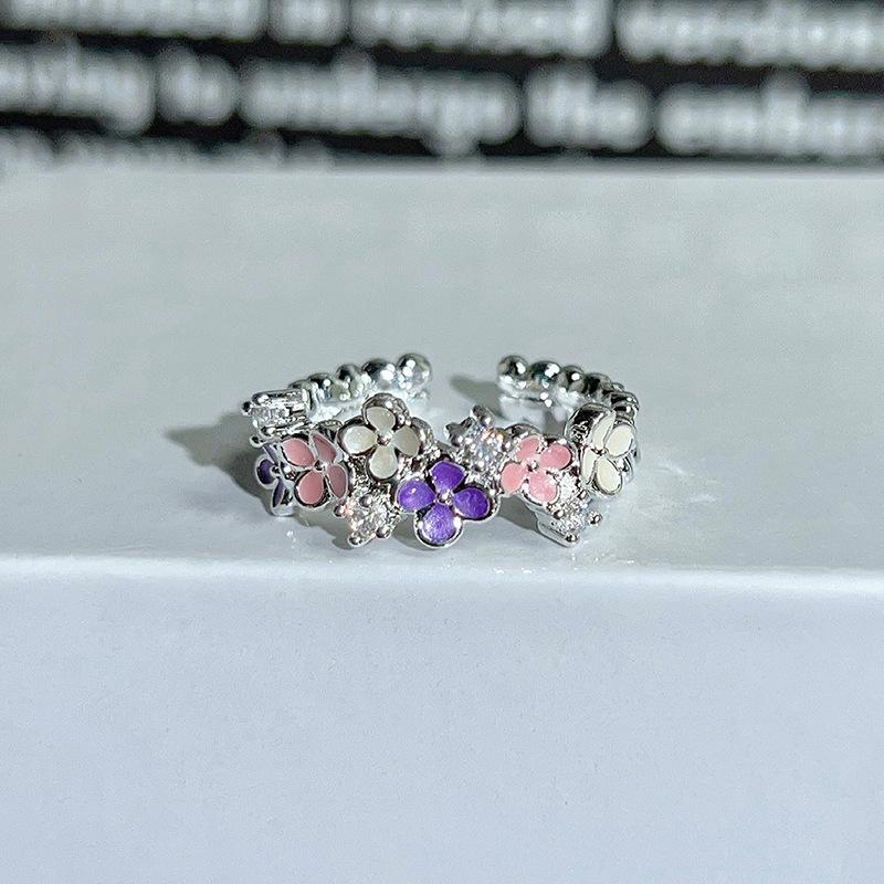 Dopamine Colorful Enamel Flower Butterfly Open Ring Mori Sweet Girly Style Inlaid Zircon Niche Light‑Luxury Adjustable Stackable Decorative Ring