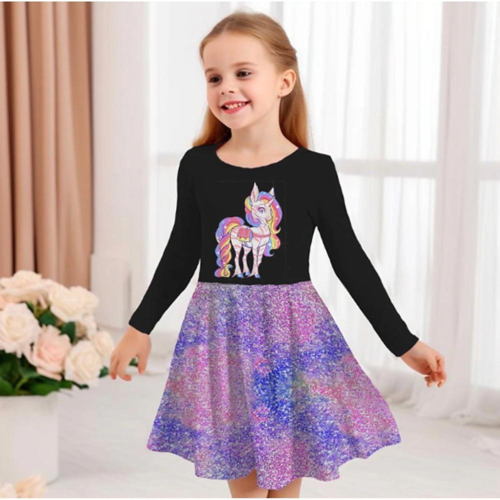 Vestido Casual de Niña con Estampado de Unicornio 3D, Cuello Redondo y Manga Larga, Vestido de Princesa para Niña