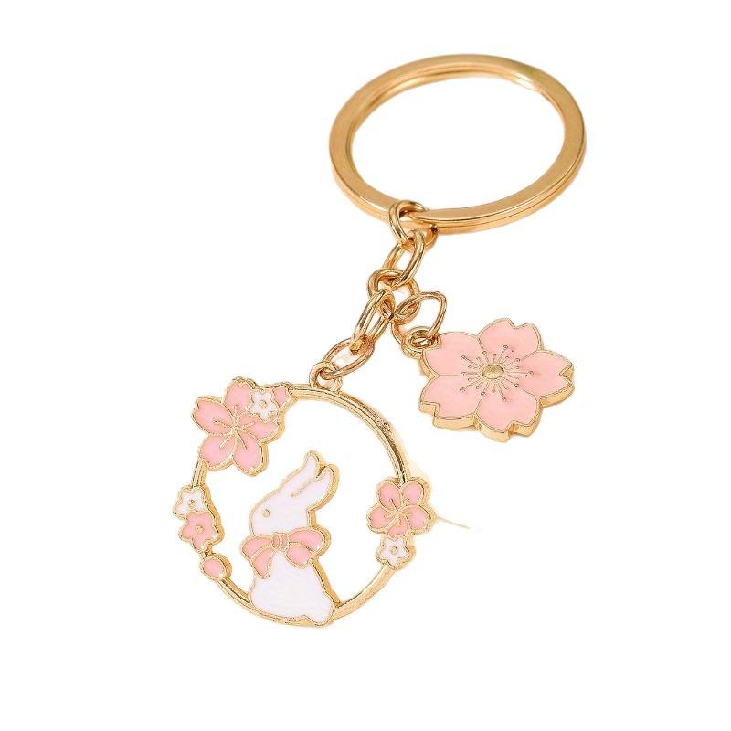 Cartoon Animal & Flower Wreath Keychain - Cherry Blossom & Rabbit Pendant Gift