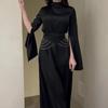 Elegantes langes Satinkleid für Damen, halbhoher Kragen, ausgestellte Ärmel, Partykleid, einfarbig, schmale Abendkleider für Damen
