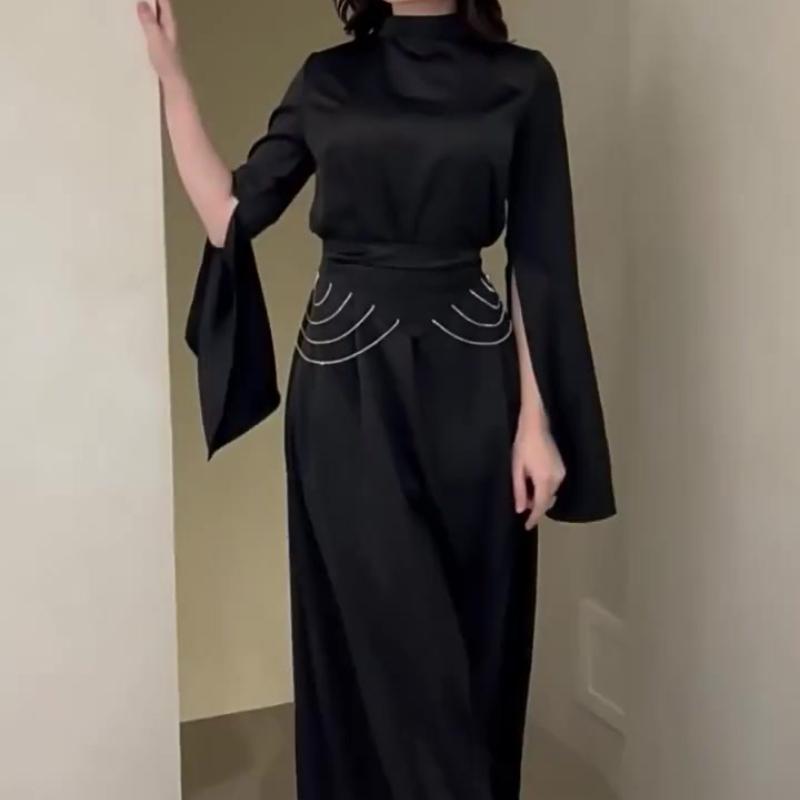Elegantes langes Satinkleid für Damen, halbhoher Kragen, ausgestellte Ärmel, Partykleid, einfarbig, schmale Abendkleider für Damen