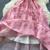 Kobiety Różowa Długa Sukienka Letnia Francuska Retro Krótki Rękaw Drukowane Sukienki Imprezowe Damskie Wąskie A-line Elegancka Długa Suknia Vestidos