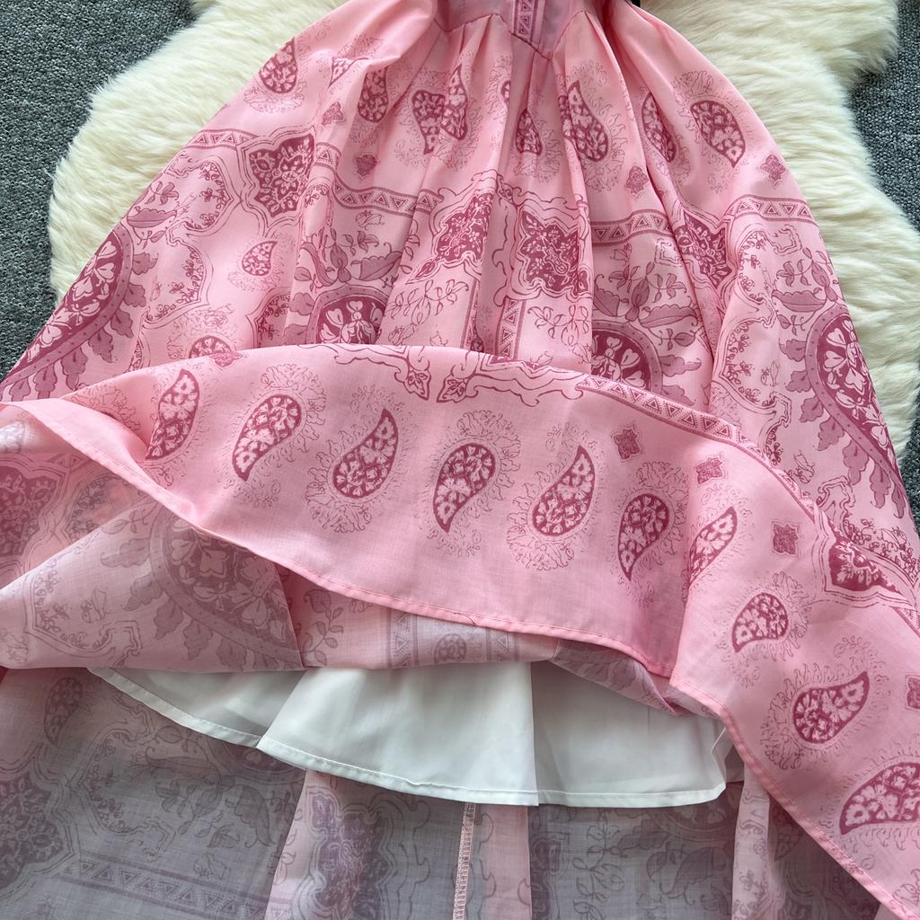 Kobiety Różowa Długa Sukienka Letnia Francuska Retro Krótki Rękaw Drukowane Sukienki Imprezowe Damskie Wąskie A-line Elegancka Długa Suknia Vestidos