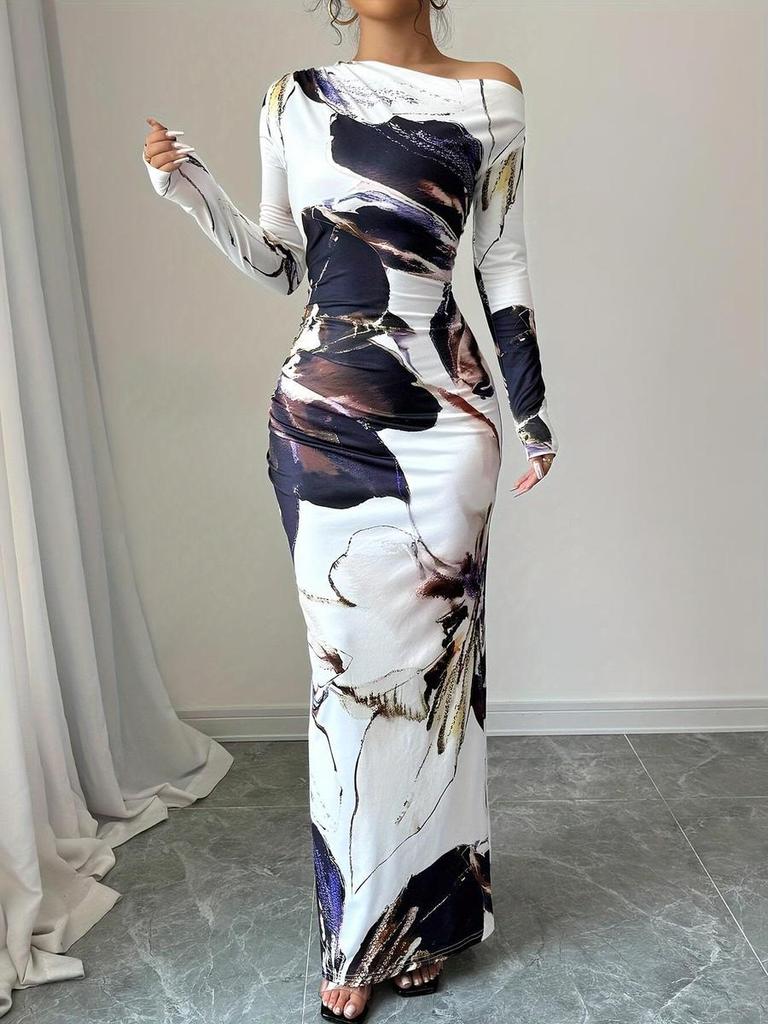 Nuovo Abito Lungo Stampato Autunnale Elegante Aderente Manica Lunga Donna Pronto