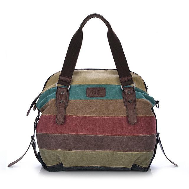 Yogodlns Gestreepte Canvas Tote Bag voor Dames Regenboog Patchwork Schoudertas Casual Crossbody Handtas as detailpage black