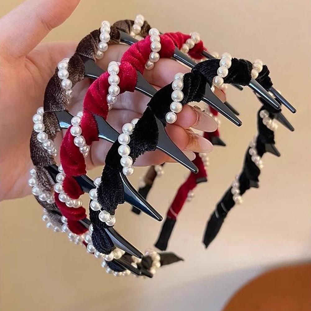 Artificial Pearl Hairband with Teeth Hoop Rhinestones Hair Accessories High Cranium Vintage Hairs Bands for Women Girls
