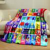 The pattern consists of letters, numbers, shapes, and corresponding images. for all seasons blanket lunch break throw gift