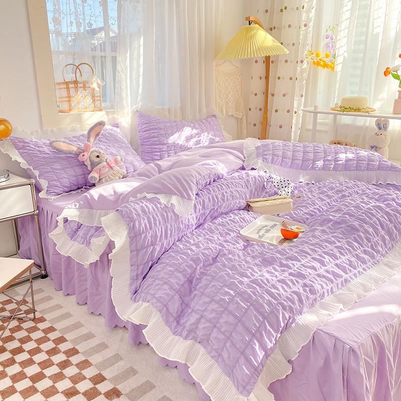 Kawaii Princess Seersucker Bedding Set For Girls Washed Cotton Korean Style Luxury Ruffle Lace Quilt Cover Queen Size Bed Skirt