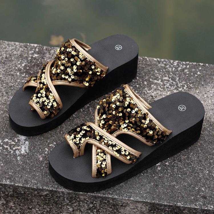 Chinelo de Verão Leve com Sola de Espuma e Dedos, Sandálias de Praia Casuais Lantejouladas de Sola Reta