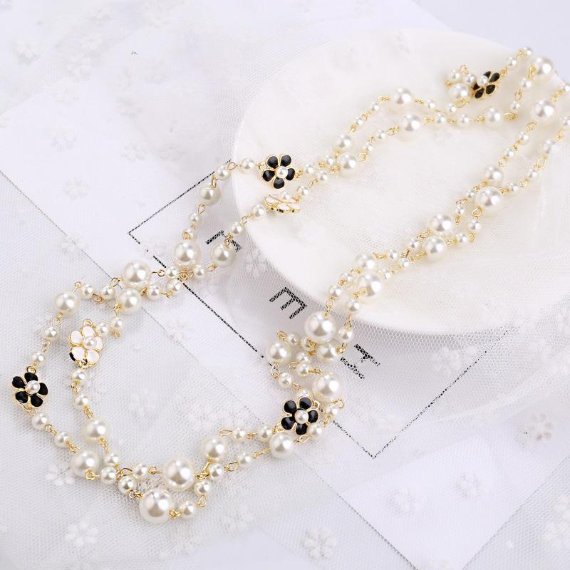 Long Pearl Necklace with Double-Sided Enamel Camellia Pendant, Coquette Aesthetic Y2K Minimalist French Chic Versatile Layering Chain for Women