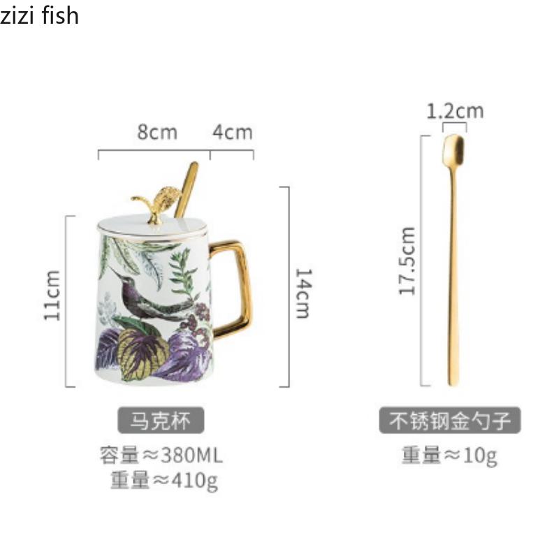 Golden Edged Ceramic Mug Spoon Lid Flower Bird Breakfast Cup Large Capacity Water Cups Coffee Cup Milk Tea Cups Flower Tea Mug