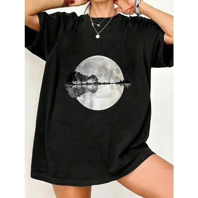 Zwart Oversized T-shirt Met Volle Maan En Meer Spiegeling Print Voor Casual Kleding