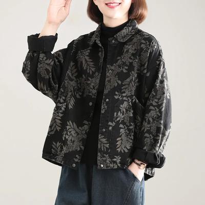 Short Jacket Women's Autumn and Winter Plus Size Women's Plus Velvet Loose Fashion Denim Printed Top