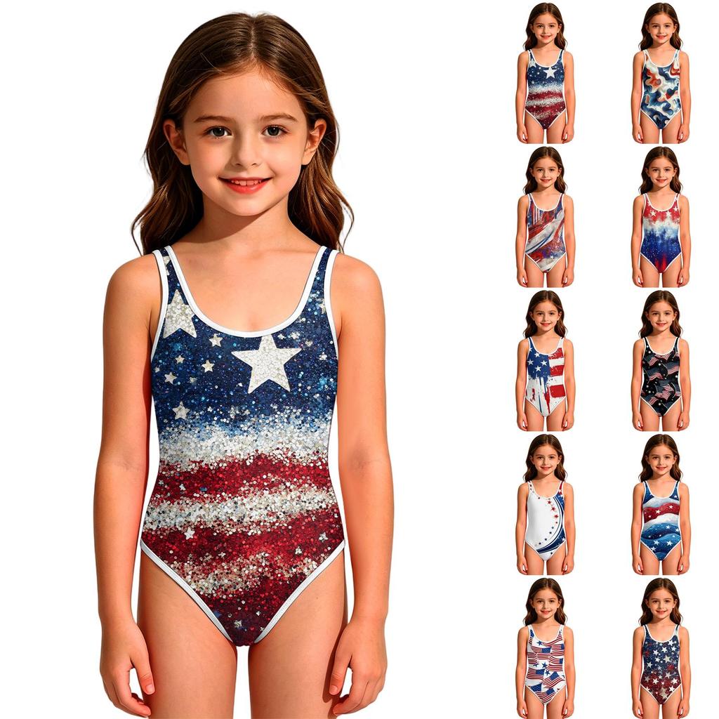 Girls' One-Piece Swimsuit - Round Neck Summer Bathing Suit Independence Day