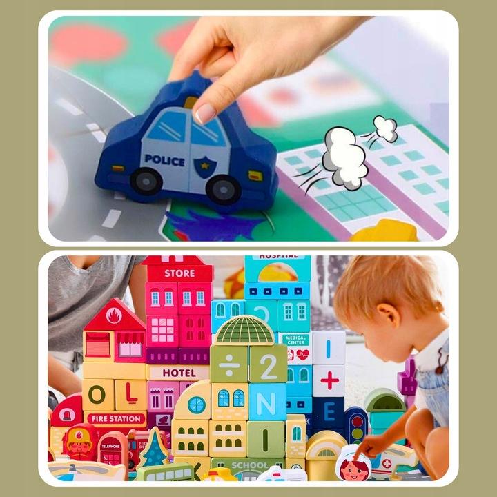 Zestaw Klocki Drewniane Miasto Auta Zestaw Puzzle Mata 115 Klocków Edu