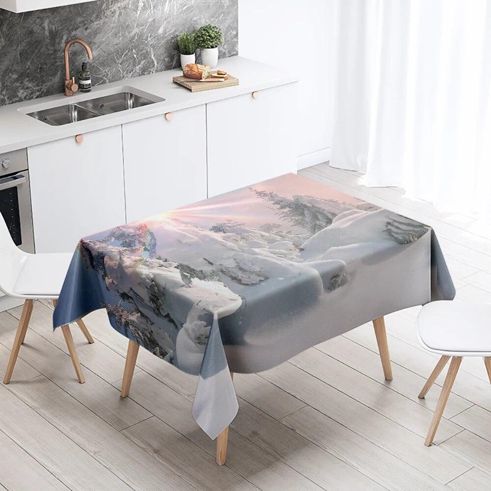 Față de masă cu zăpadă de iarnă frumoasă, anti-fouling, impermeabilă, dreptunghiulară, pentru decorarea casei