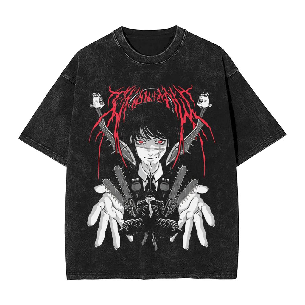 Anime Chainsaw Man Yoru T Shirt Hip Hop Gothic Washed Oversized TShirt Men Women Clothing Short Sleeve Cotton Tees Tops