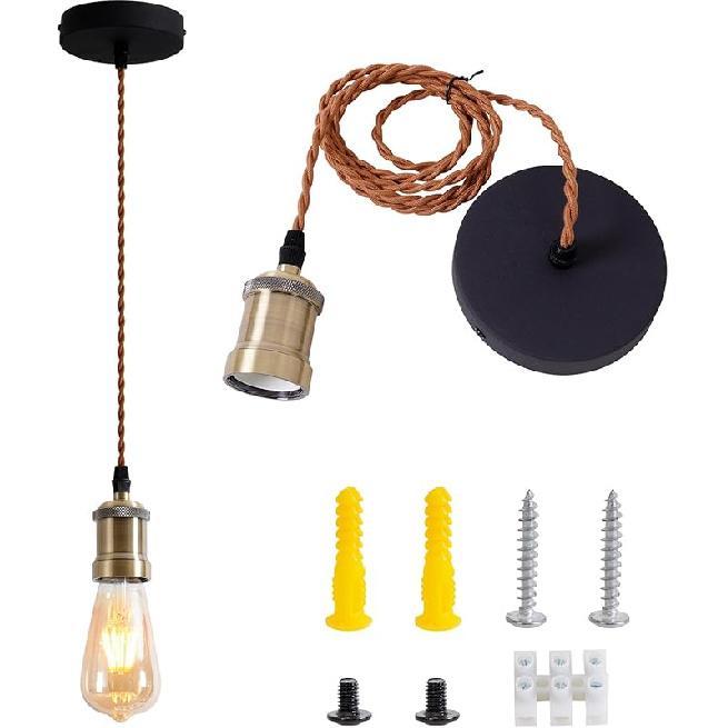 Plug in Pendant Light Cord hanging light kit with dimmer switch,Farmhouse Hanging Lights19.69 ft power cord length,Hemp Rope Plug in black Hanging