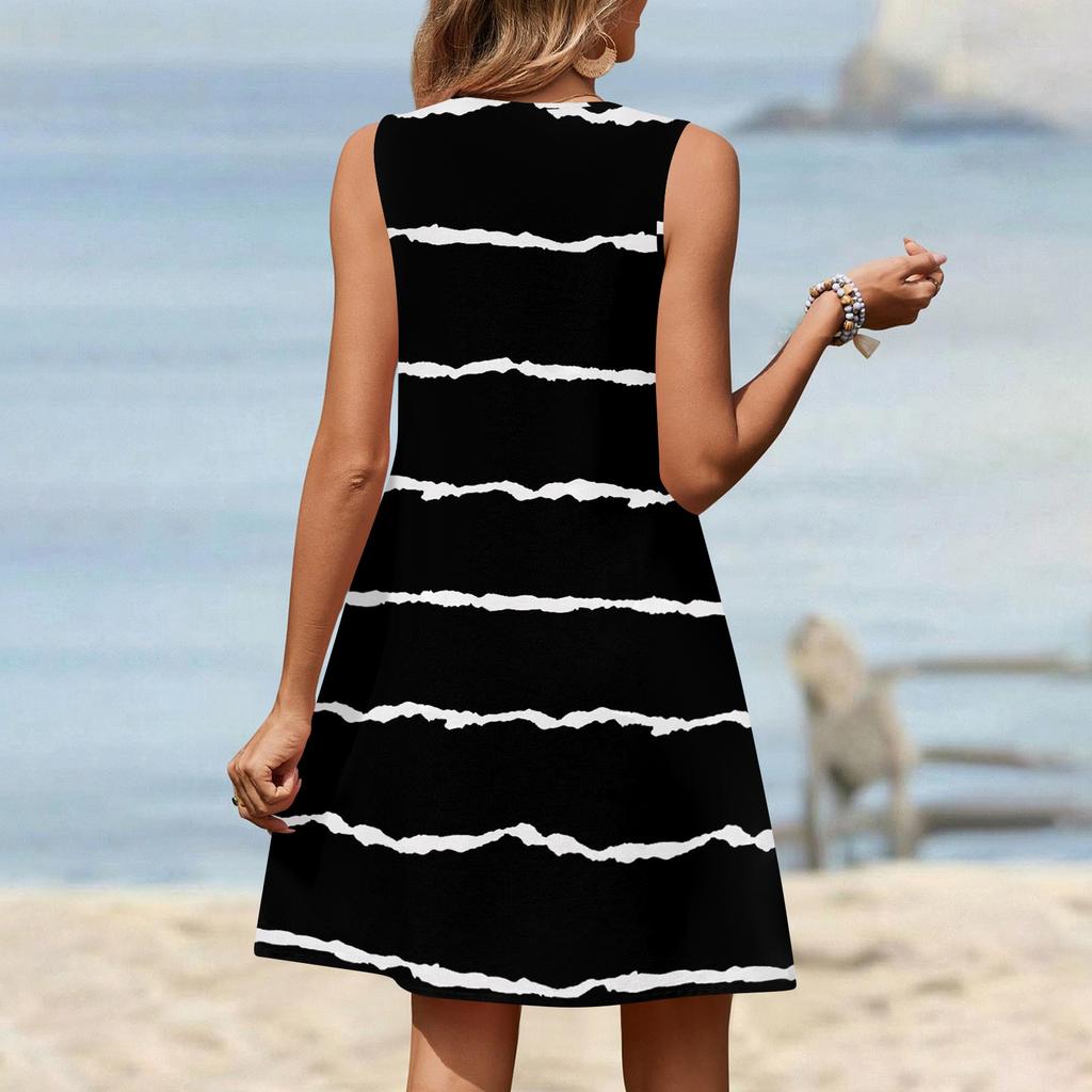 Dámské módní letní tílko bez rukávů s V-výstřihem, s kapsou, ležérní volné šaty