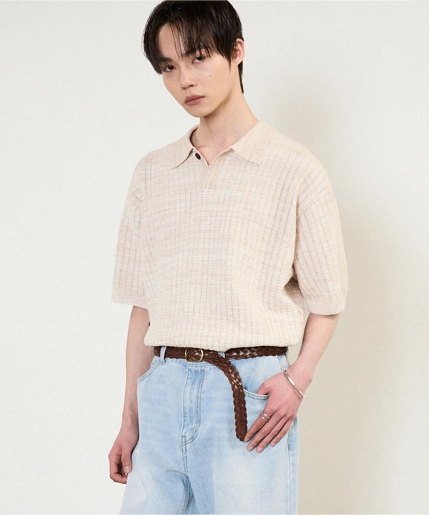 Tienjiti Crochet Polo Knit Top (Melange Beige) Tnsw5E205I2