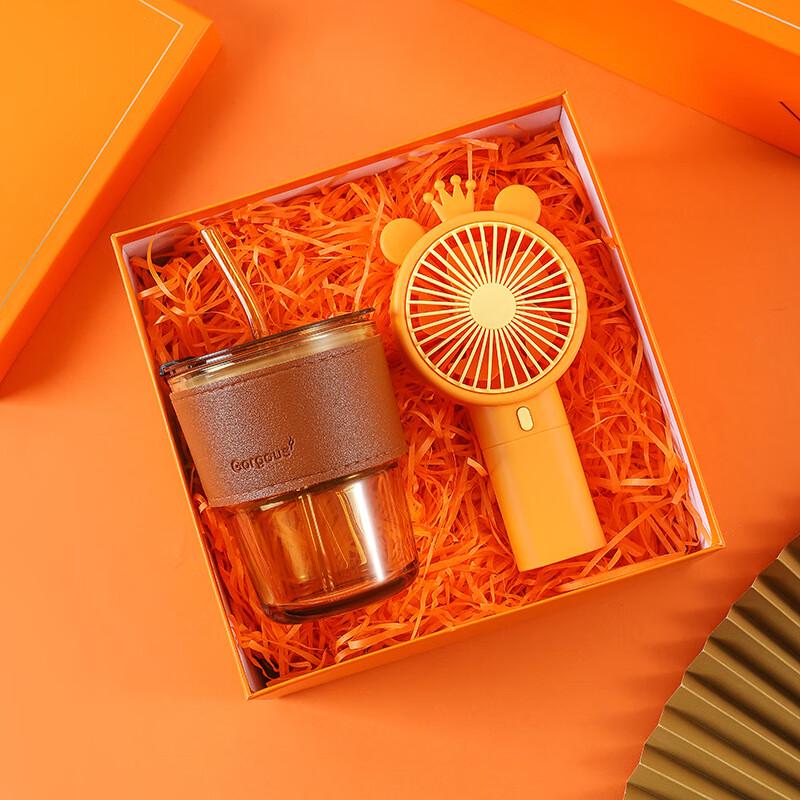 Holiday Gift Set: Vibrant Orange Glass Bamboo Cup & Fan
