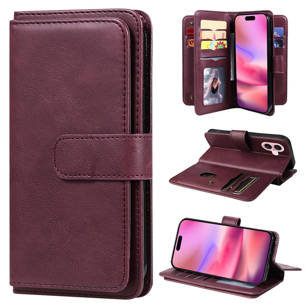 For iPhone 16 Leather Case with 10 Card Holder Phone Cover Stand