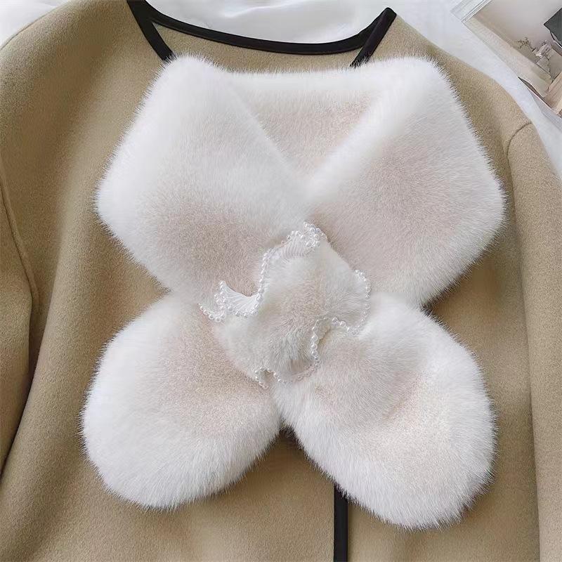 Scarf Women'S Winter Thickened Warm Plush Rex Rabbit Hair Cross Korean Version Versatile Scarf Fashion Pearl Small Scarf