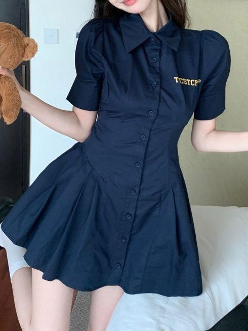 New College Style Lapel Dress, Thin Summer Short Sleeves, Waist Folds, Temperament Breasted A-word Skirt
