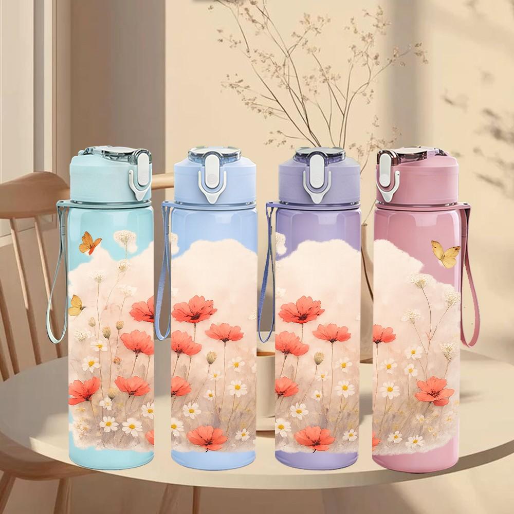 1PC Soft Pink White Cloud Flower Print 750ml Color Plastic Sports Water Bottle Leakproof Flip Straw Lid Suitable for Sports Office Home Use