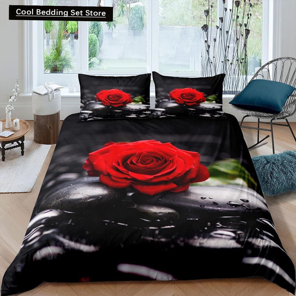 Valentine'S Day Rose King Queen Duvet Cover Red White Floral Bedding Set Romantic Flowers Quilt Cover Polyester Comforter Cover