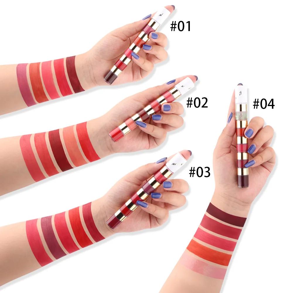 5 i 1 Matte Lipstick Kit Combo Strip Velvet Sexy Red Lip Tint Non-stick Cup Lip Gloss Lip Oil Makeup Lips Kosmetisk sett