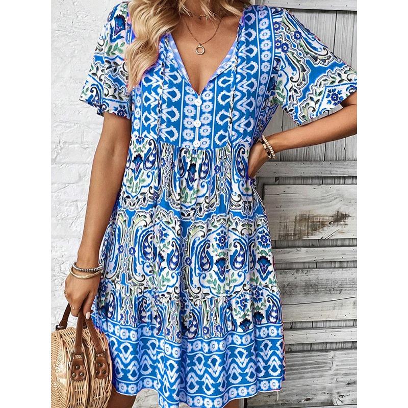 

BITCED Fashion Summer Spring Short Sleeve V-Neck Casual Dresses S синий